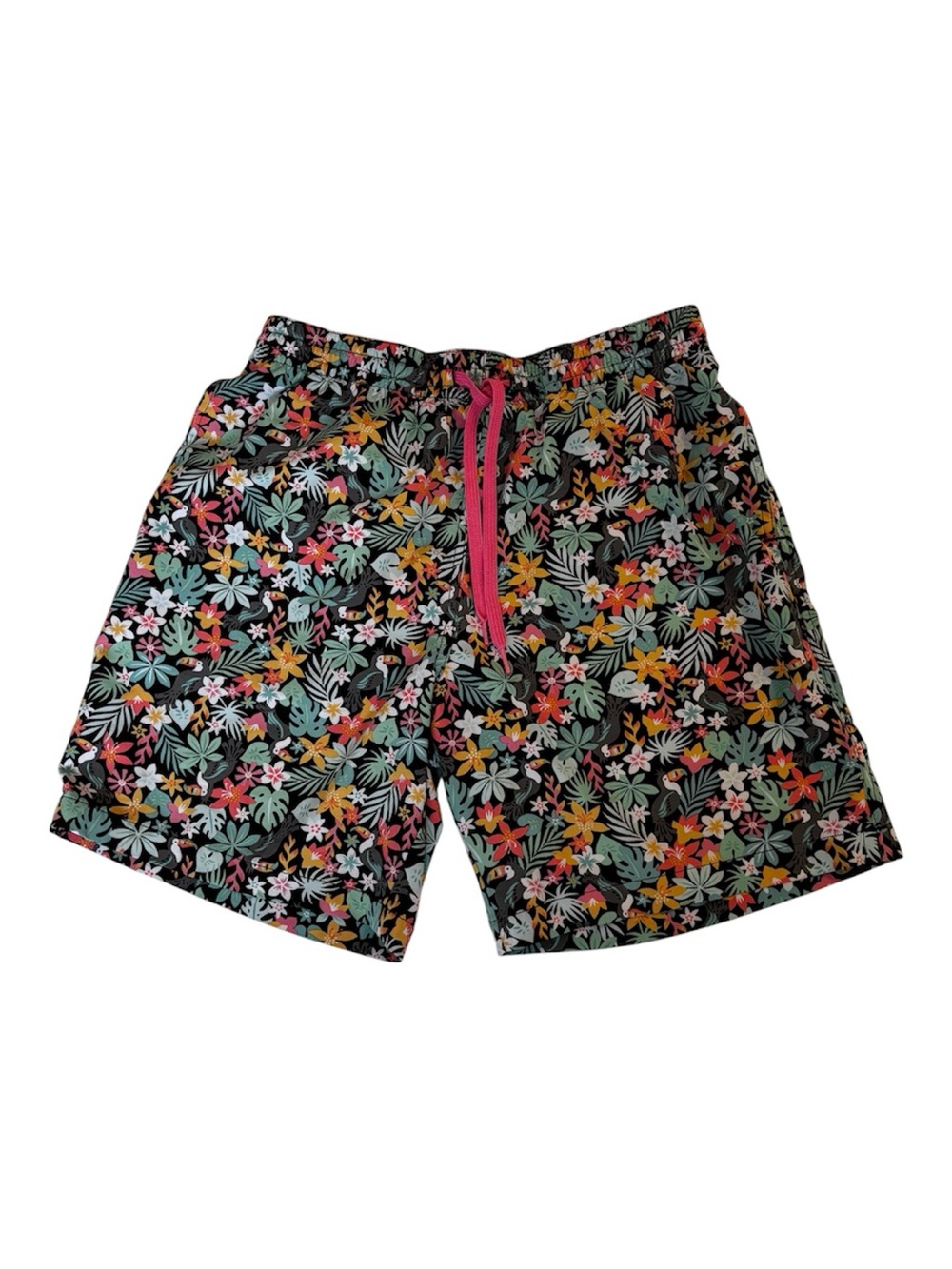 chubbies Floral Swim Trunks in Black with Pink Drawstring, Pockets